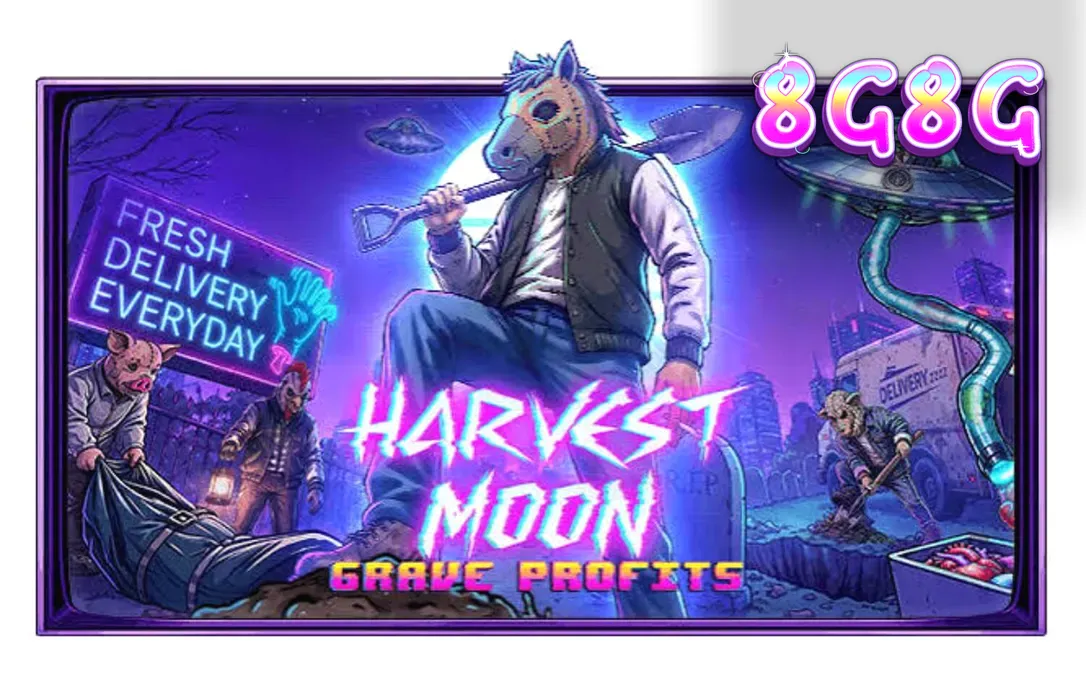 Tampilan visual slot Harvest Moon Grave Profits yang bertema horor sci-fi